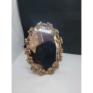 Vintage Globe 24K Gold Plated Ornate Hibiscus Design Tabletop Oval Mirror 1950s